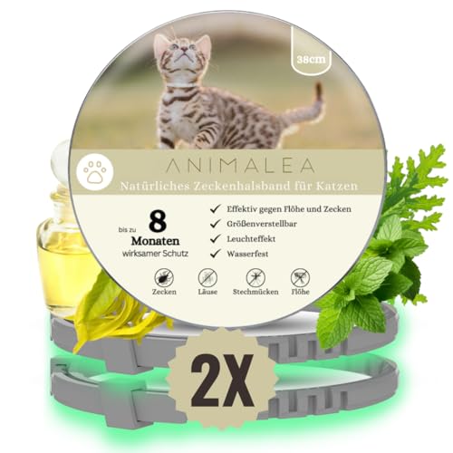 Animalea® Zeckenhalsband für Katze (2 Stück) - Länge 38cm - wirksamer Schutz gegen Zecken und Flöhe - wasserfest und größenverstellbar bis zu 8 Monaten Zeckenschutz mit 100% natürlichen Inhaltsstoffen von Animalea