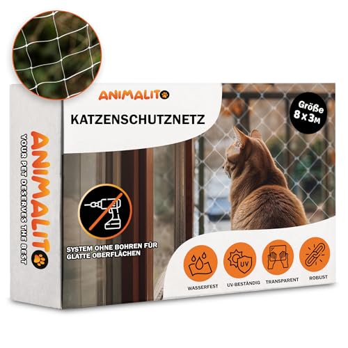 Animalito, Schutznetz für Katzen, 8 x 3, Katzennetz, Balkon, ohne Bohren, Schutznetz für Katzen, Balkon, Katzennetz, transparentes Katzennetz, Schutz für Katzenfenster. von Animalito