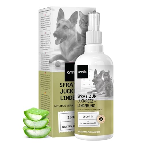 animigo Anti Juckreiz Spray - 250ml Fellpflege - Für Hunde & Katzen - Mit Aloe Vera & Teebaumöl - Wundspray bei juckende Haut, Allergien, Hot Spots, & Parasiten - Ablecksicher mit Natürlichen Zutaten von animigo