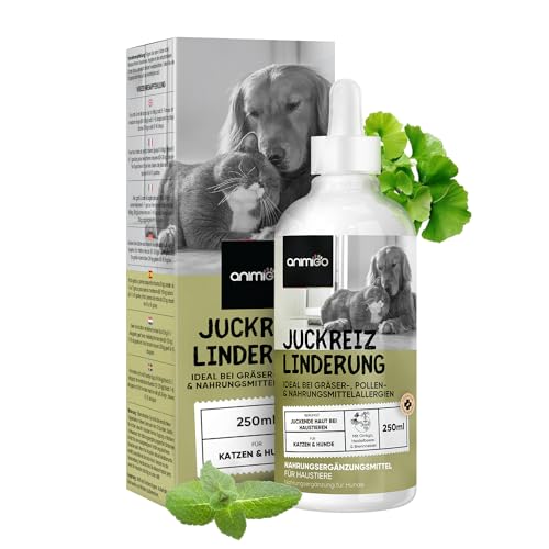 animigo Anti Juckreiz Tropfen für Hunde & Katzen - 250ml gegen juckende, trockene Haut - Bei Allergien & Grasmilben - Fellpflege mit Brennnessel & Ginkgo - Futterzusatz - Alternative zu Tabletten von animigo