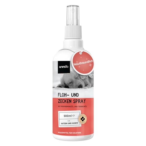 Floh & Zeckenschutz für Hunde & Katzen - Floh & Zeckenspray - Natürliches Flohmittel für Wohnung & Möbel - 500ml Zeckenschutz mit Pfefferminz & Rizinusöl - Flohspray - Anti Milben Spray - animigo von animigo