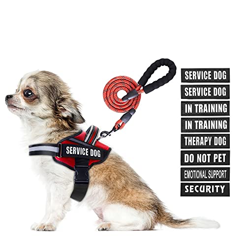 Service Dog Hundegeschirr, Geschirr und Leine, Animire für Training, mit 10 Hundeflicken, reflektierende Hundeleine mit weich gepolstertem Griff für kleine, mittelgroße und große Hunde (Rot, XS) von Animire