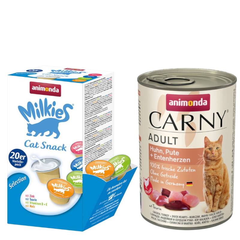 animonda Kombi-Paket: 12 x 400 g Carny Adult + 20 x 15 g Milkies Selection - Huhn, Pute & Entenherzen + Milkies Snack (4 Sorten) von Animonda Carny