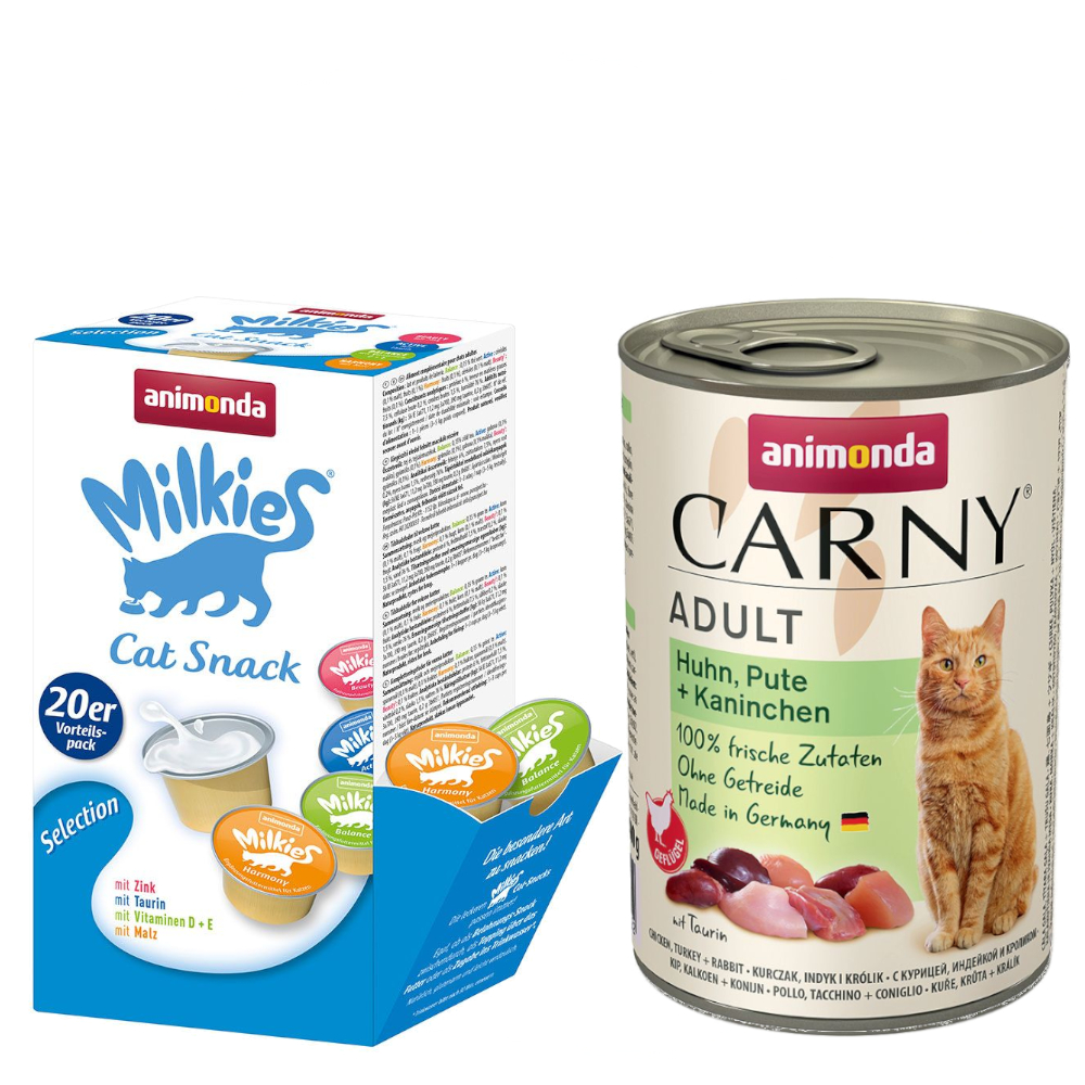 animonda Kombi-Paket: 12 x 400 g Carny Adult + 20 x 15 g Milkies Selection - Huhn, Pute & Kaninchen + Milkies Snack (4 Sorten) von Animonda Carny