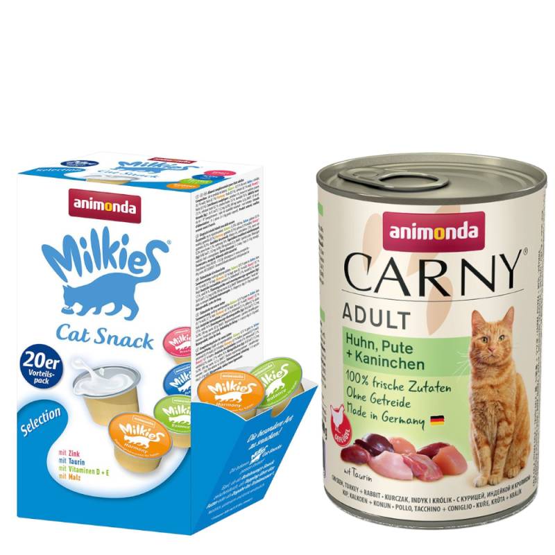 animonda Kombi-Paket: 12 x 400 g Carny Adult + 20 x 15 g Milkies Selection - Huhn, Pute & Kaninchen + Milkies Snack (4 Sorten) von Animonda Carny