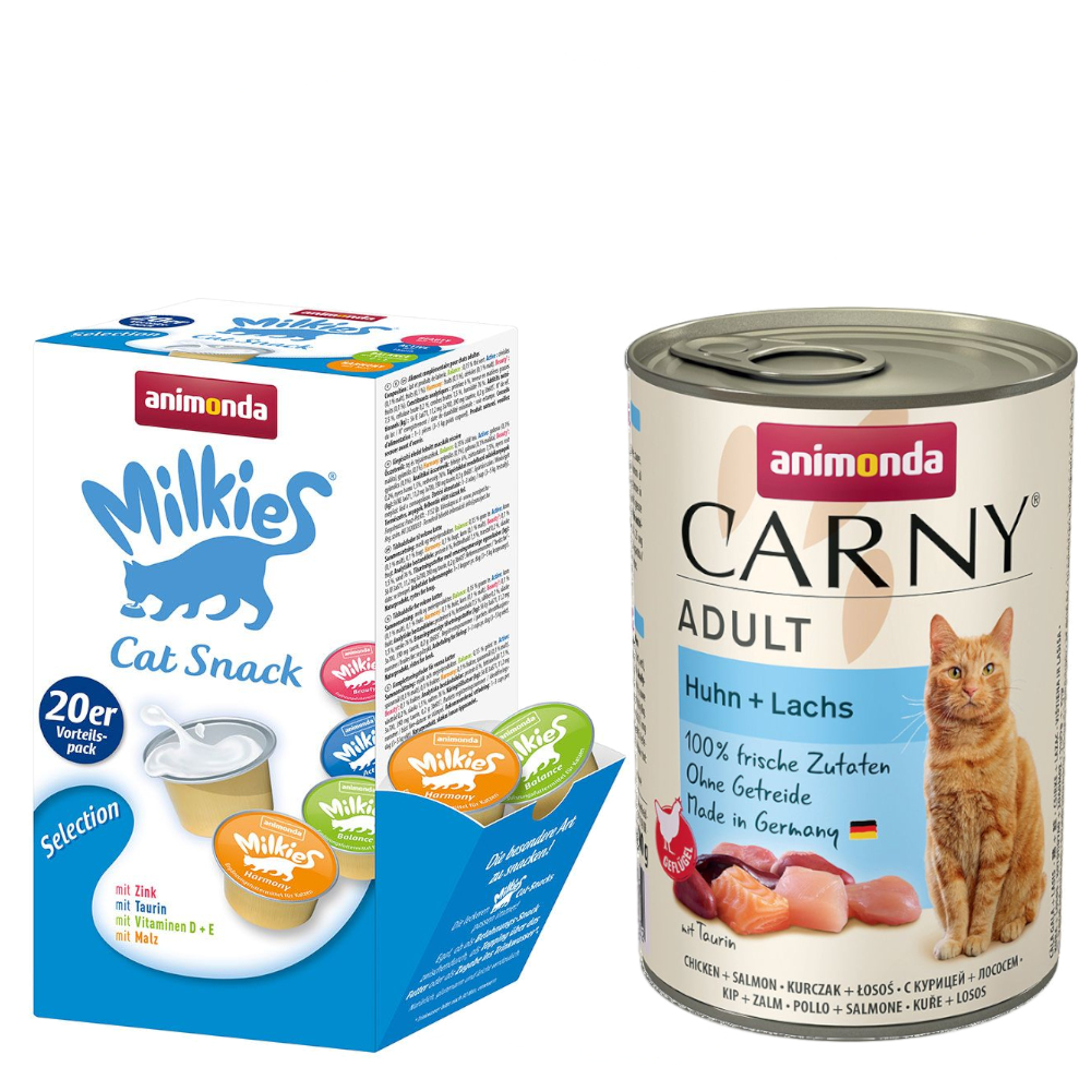 animonda Kombi-Paket: 12 x 400 g Carny Adult + 20 x 15 g Milkies Selection - Huhn & Lachs + Milkies Snack (4 Sorten) von Animonda Carny