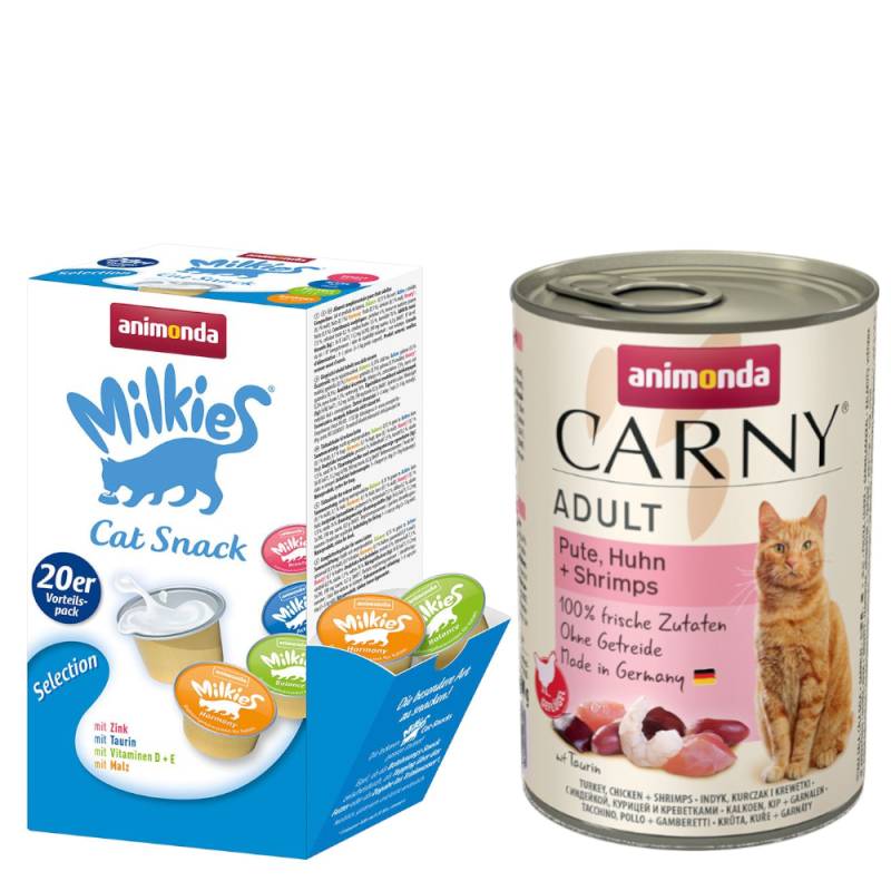 animonda Kombi-Paket: 12 x 400 g Carny Adult + 20 x 15 g Milkies Selection - Pute, Huhn & Shrimps + Milkies Snack (4 Sorten) von Animonda Carny