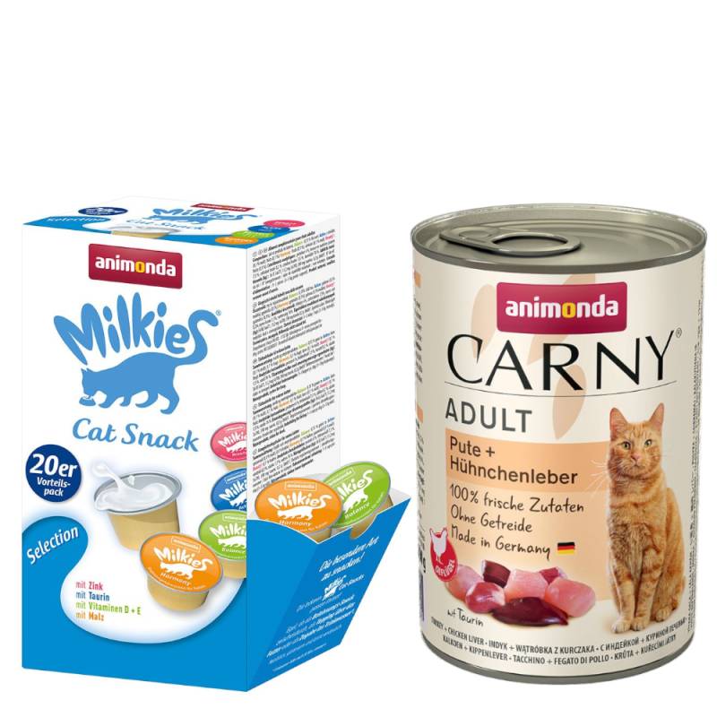 animonda Kombi-Paket: 12 x 400 g Carny Adult + 20 x 15 g Milkies Selection - Pute & Hühnchenleber + Milkies Snack (4 Sorten) von Animonda Carny