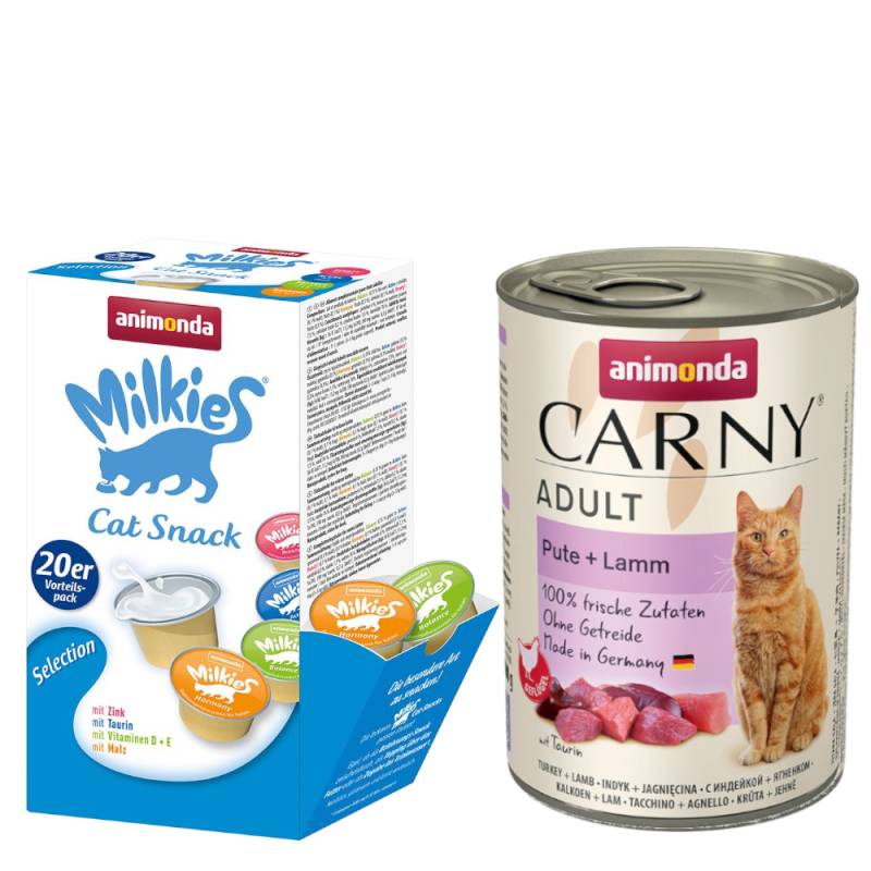 animonda Kombi-Paket: 12 x 400 g Carny Adult + 20 x 15 g Milkies Selection - Pute & Lamm + Milkies Snack (4 Sorten) von Animonda Carny