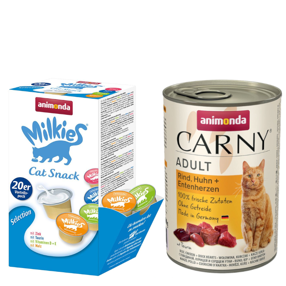 animonda Kombi-Paket: 12 x 400 g Carny Adult + 20 x 15 g Milkies Selection - Rind, Huhn & Entenherzen + Milkies Snack (4 Sorten) von Animonda Carny