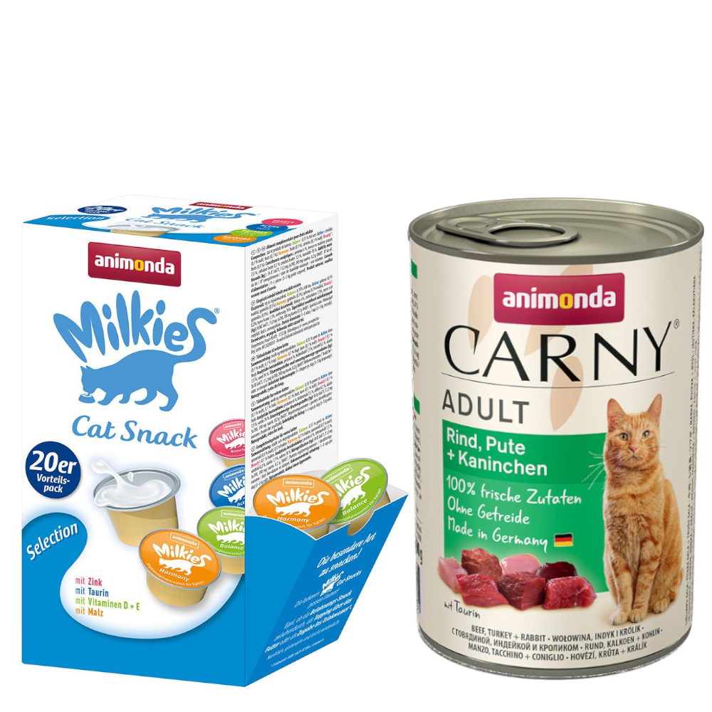 animonda Kombi-Paket: 12 x 400 g Carny Adult + 20 x 15 g Milkies Selection - Rind, Pute & Kaninchen + Milkies Snack (4 Sorten) von Animonda Carny