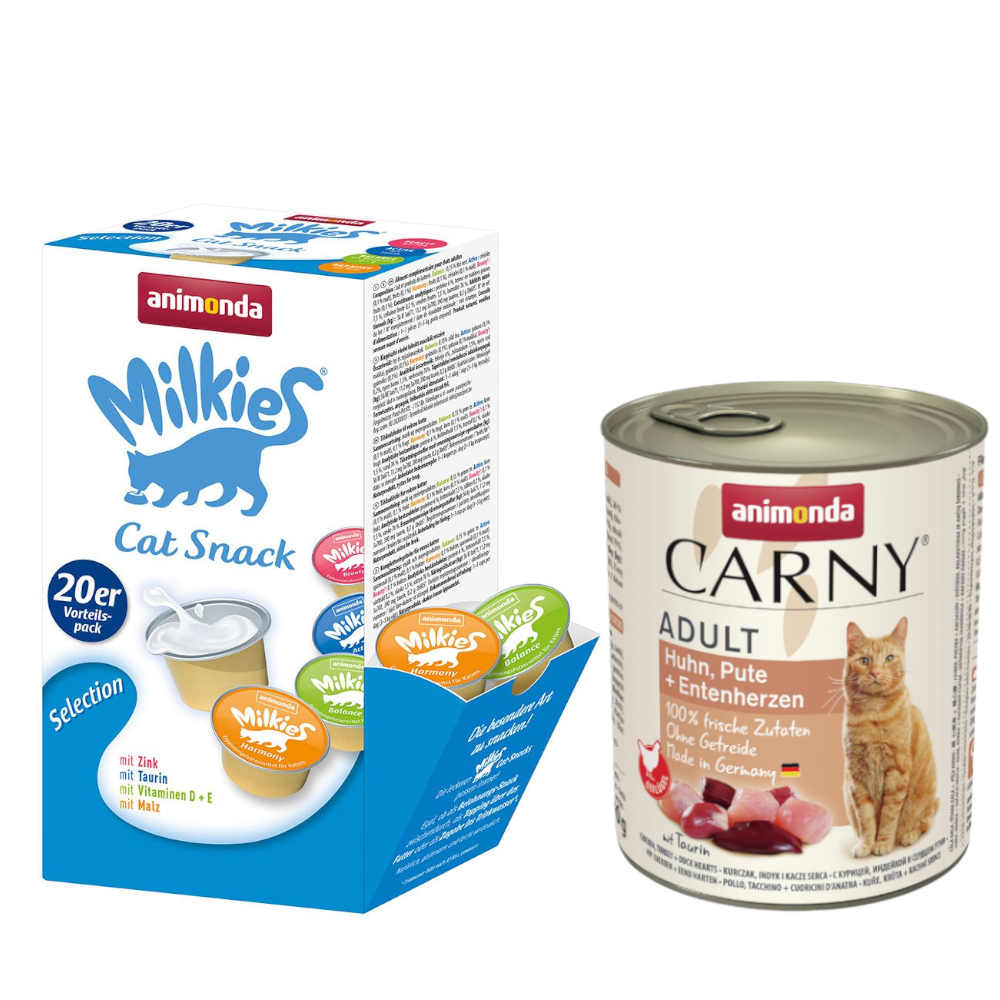 animonda Kombi-Paket: 12 x 800 g Carny Adult + 20 x 15 g Milkies Selection - Huhn, Pute & Entenherzen + Milkies Snack (4 Sorten) von Animonda Carny