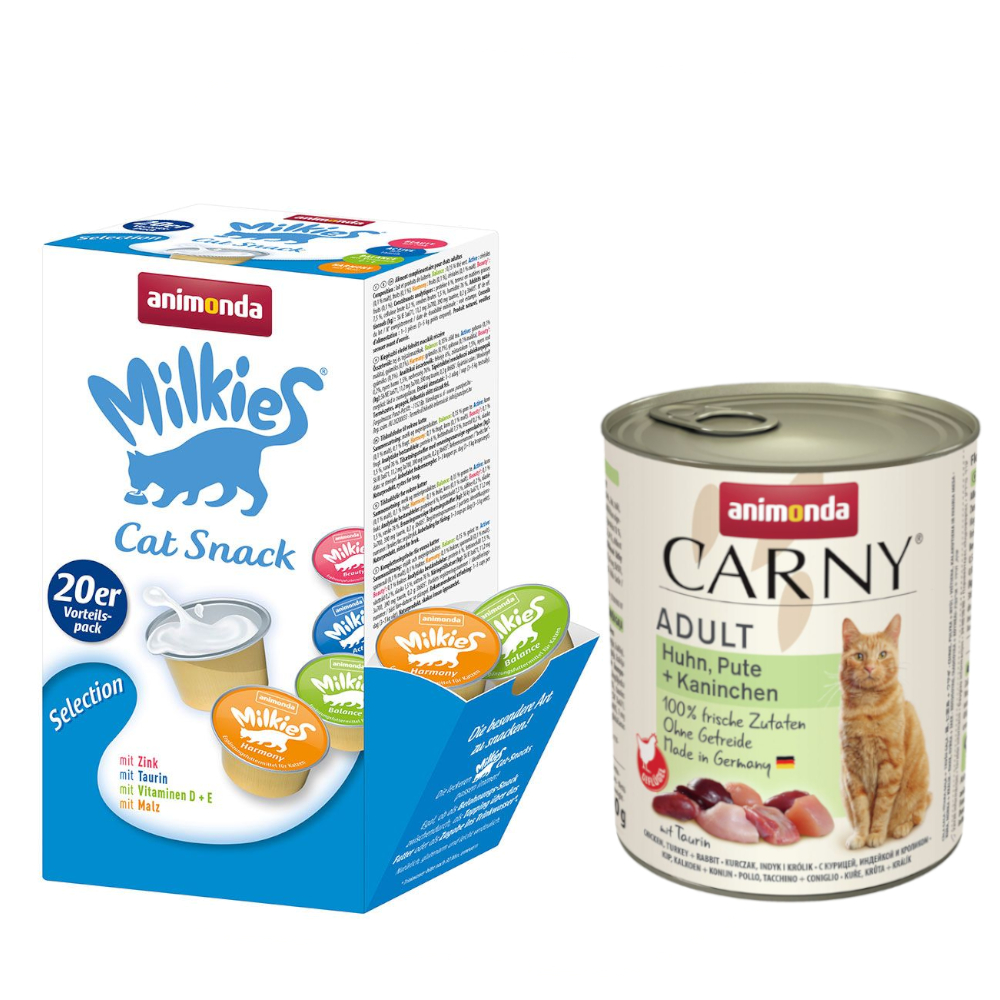 animonda Kombi-Paket: 12 x 800 g Carny Adult + 20 x 15 g Milkies Selection - Huhn, Pute & Kaninchen + Milkies Snack (4 Sorten) von Animonda Carny