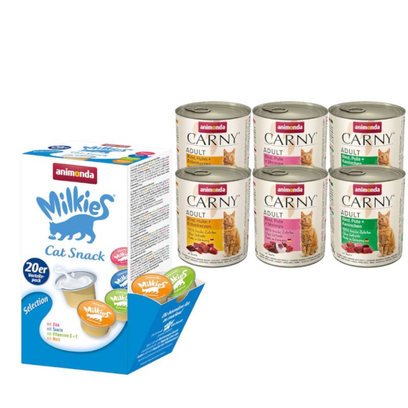 animonda Kombi-Paket: 12 x 800 g Carny Adult + 20 x 15 g Milkies Selection - Mixpaket Rind (3 Sorten) + Milkies Snack (4 Sorten) von Animonda Carny