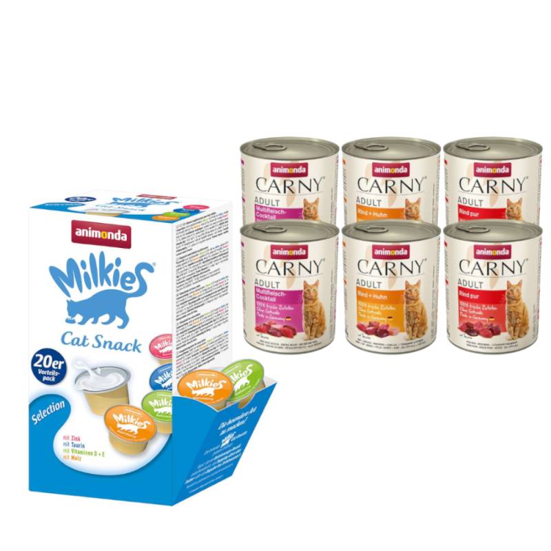 animonda Kombi-Paket: 12 x 800 g Carny Adult + 20 x 15 g Milkies Selection - Mixpaket Rind & Geflügel (3 Sorten) + Milkies Snack (4 Sorten) von Animonda Carny