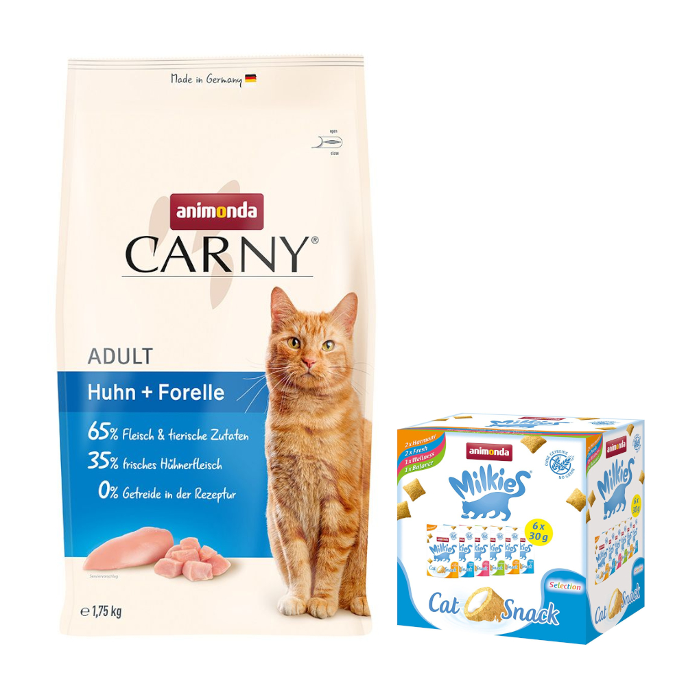 animonda Trockenfutter für Katzen + 6 x 30 g Katzensnack Milkies Knuspertaschen -  1,75 kg Carny Adult Huhn + Forelle von Animonda Carny