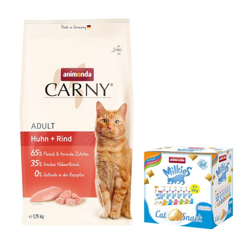 animonda Trockenfutter für Katzen + 6 x 30 g Katzensnack Milkies Knuspertaschen - 1,75 kg Carny Adult Huhn + Rind von Animonda Carny