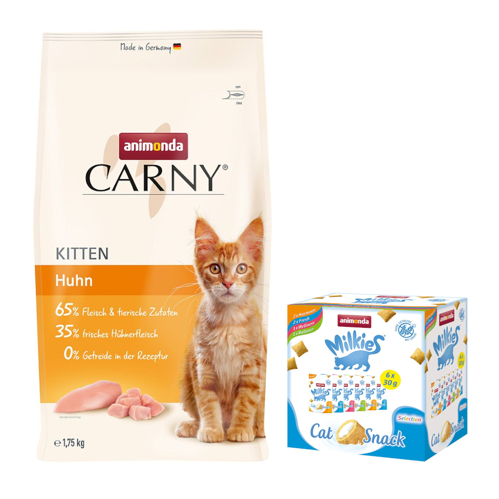 animonda Trockenfutter für Katzen + 6 x 30 g Katzensnack Milkies Knuspertaschen - 1,75 kg Carny Kitten Huhn von Animonda Carny