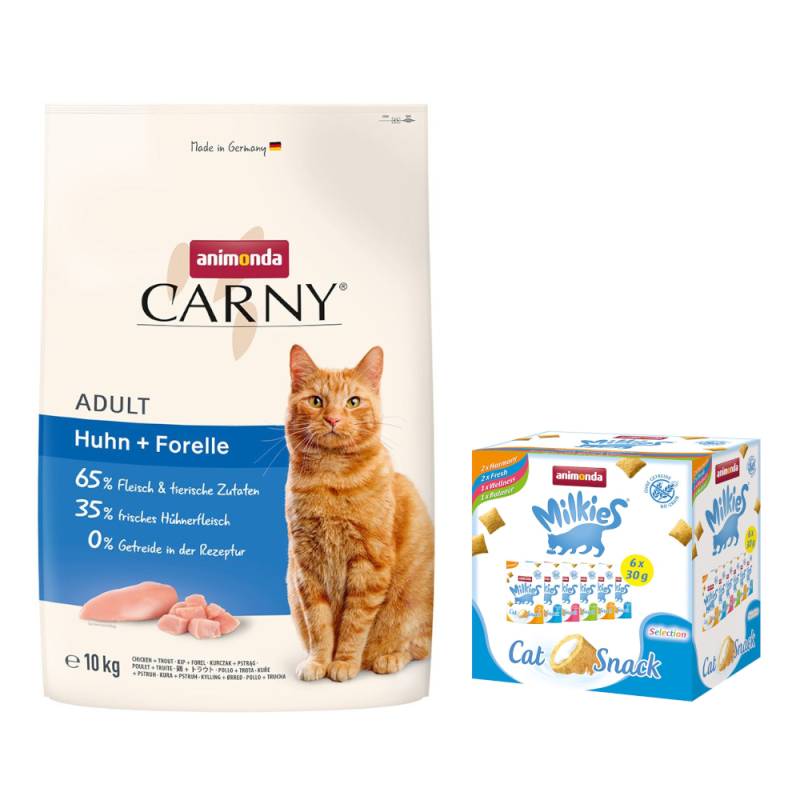 animonda Trockenfutter für Katzen + 6 x 30 g Katzensnack Milkies Knuspertaschen - 10 kg Carny Adult Huhn + Forelle von Animonda Carny