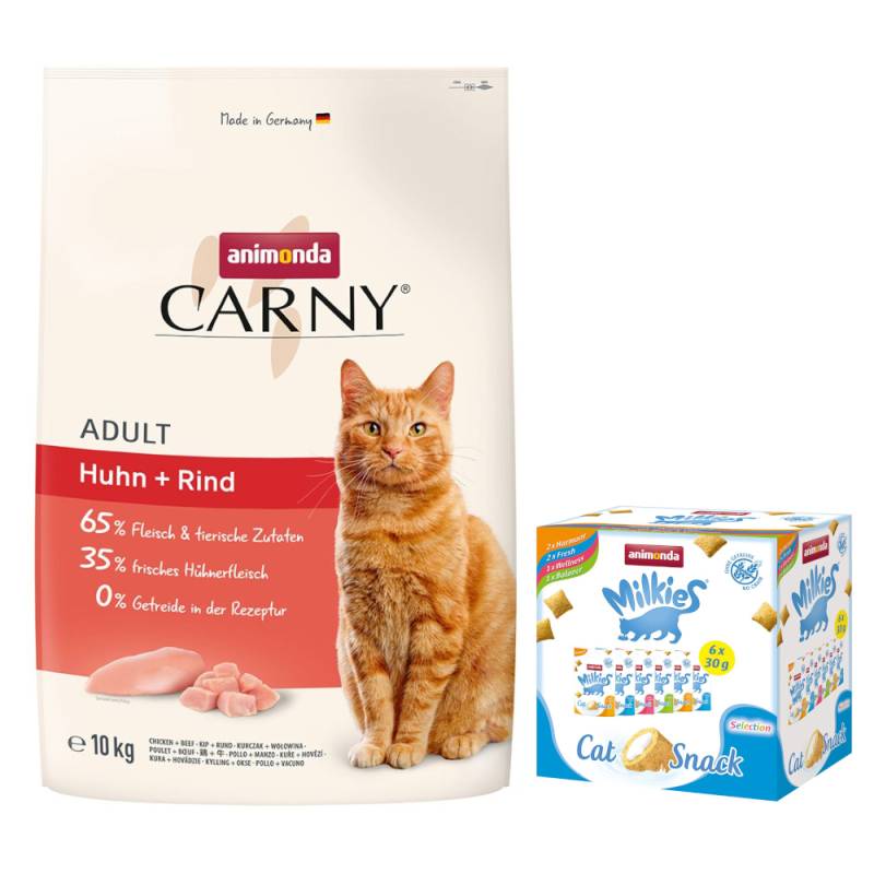 animonda Trockenfutter für Katzen + 6 x 30 g Katzensnack Milkies Knuspertaschen - 10 kg Carny Adult Huhn + Rind von Animonda Carny