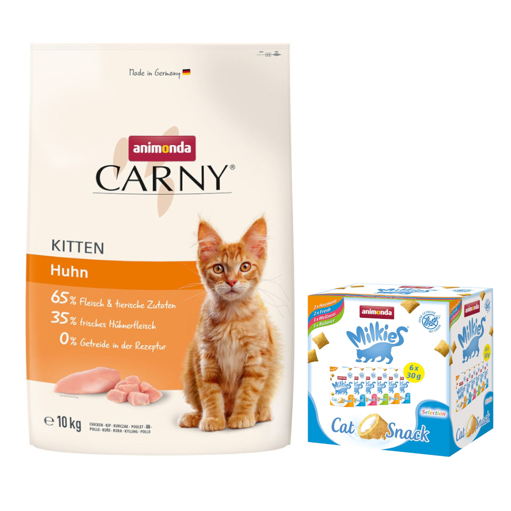 animonda Trockenfutter für Katzen + 6 x 30 g Katzensnack Milkies Knuspertaschen - 10 kg Carny Kitten Huhn von Animonda Carny