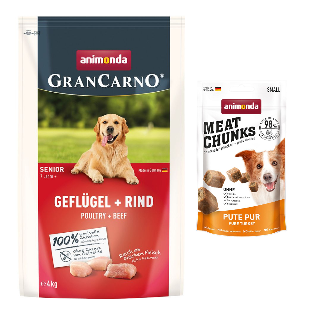 animonda GranCarno Trockenfutter + 60 g Meat Chunks Small Snack gratis! - 4 kg Senior Geflügel + Rind von Animonda GranCarno