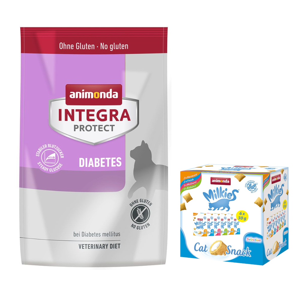 animonda Trockenfutter für Katzen + 6 x 30 g Katzensnack Milkies Knuspertaschen - 1,2 kg Integra Protect Adult Diabetes von Animonda Integra