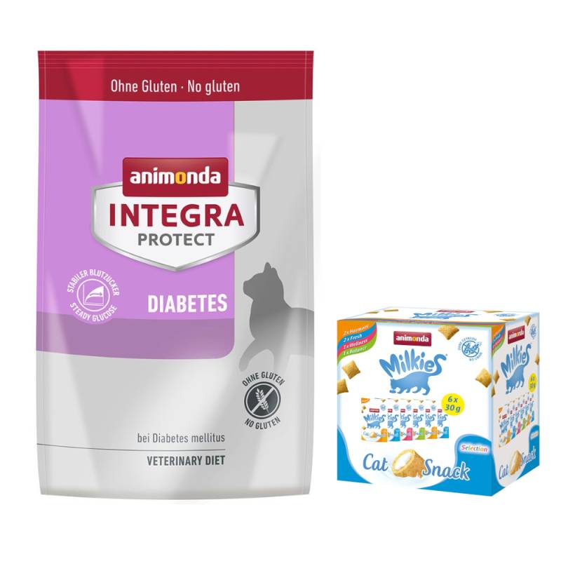 animonda Trockenfutter für Katzen + 6 x 30 g Katzensnack Milkies Knuspertaschen - 1,2 kg Integra Protect Adult Diabetes von Animonda Integra