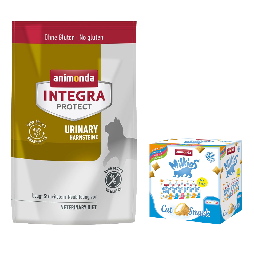 animonda Trockenfutter für Katzen + 6 x 30 g Katzensnack Milkies Knuspertaschen - 1,2 kg Integra Protect Adult Harnsteine von Animonda Integra