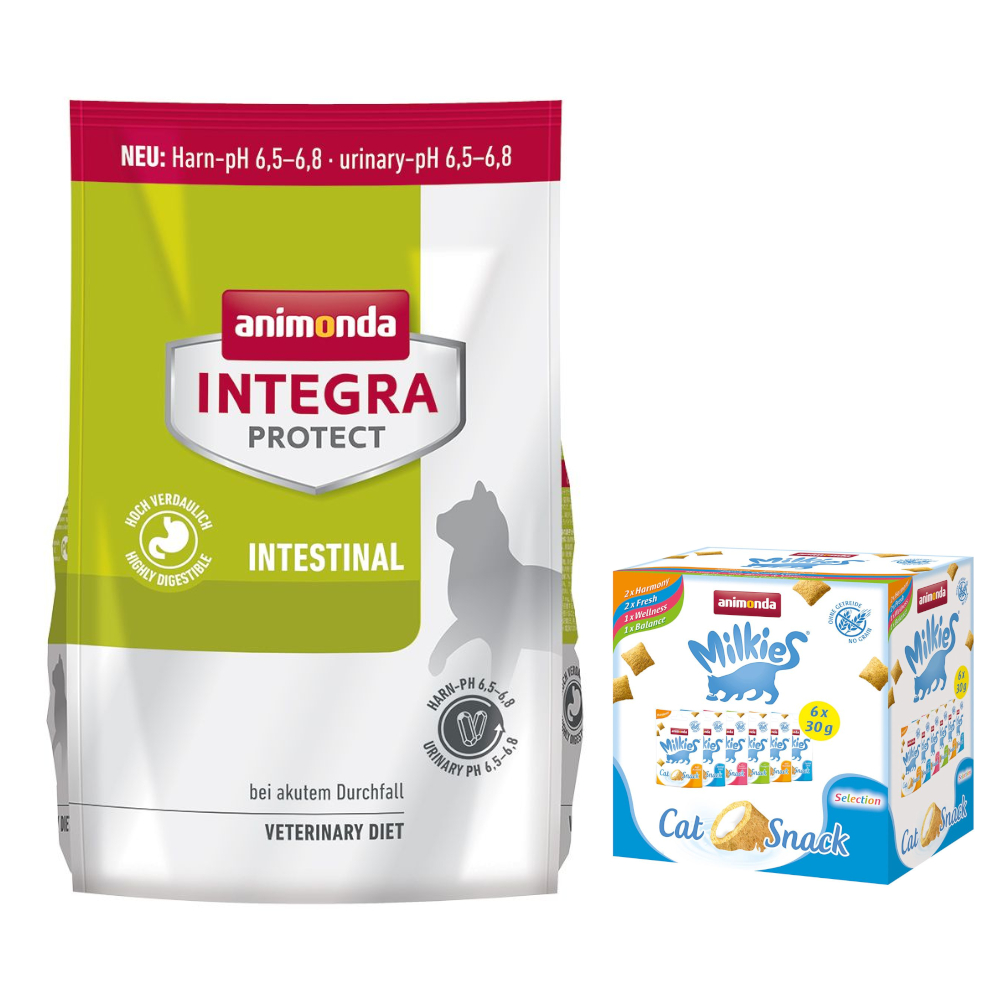 animonda Trockenfutter für Katzen + 6 x 30 g Katzensnack Milkies Knuspertaschen - 1,2 kg Integra Protect Adult Intestinal von Animonda Integra