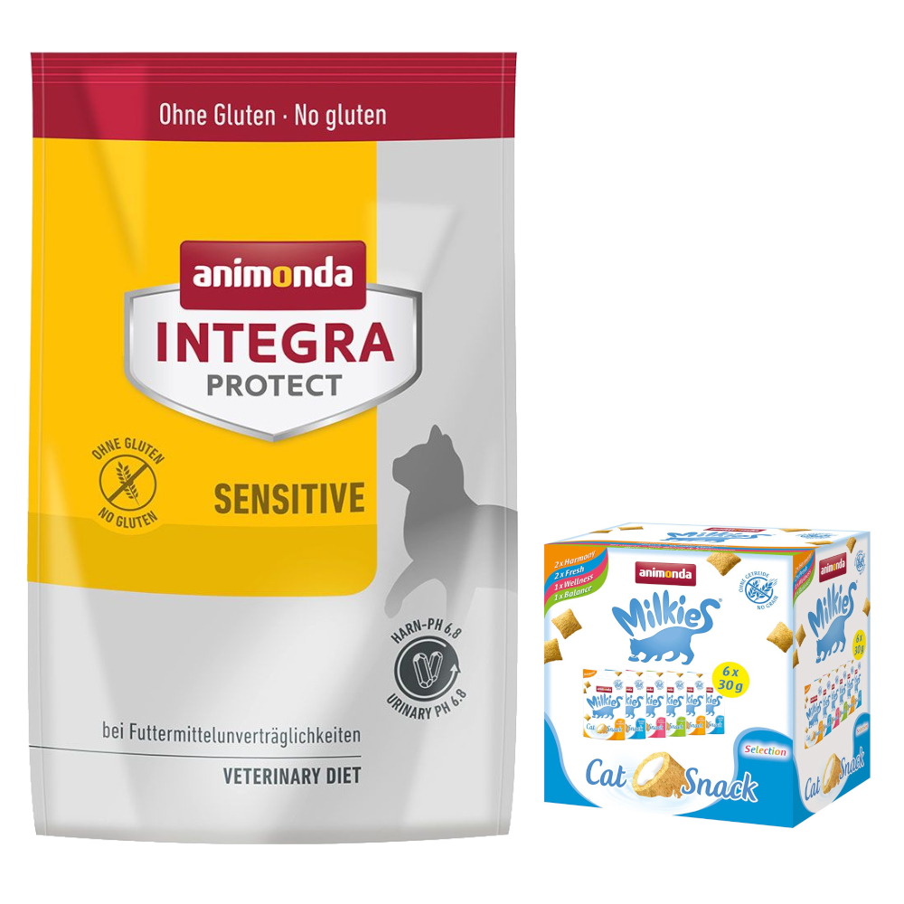 animonda Trockenfutter für Katzen + 6 x 30 g Katzensnack Milkies Knuspertaschen - 1,2 kg Integra Protect Adult Sensitive von Animonda Integra