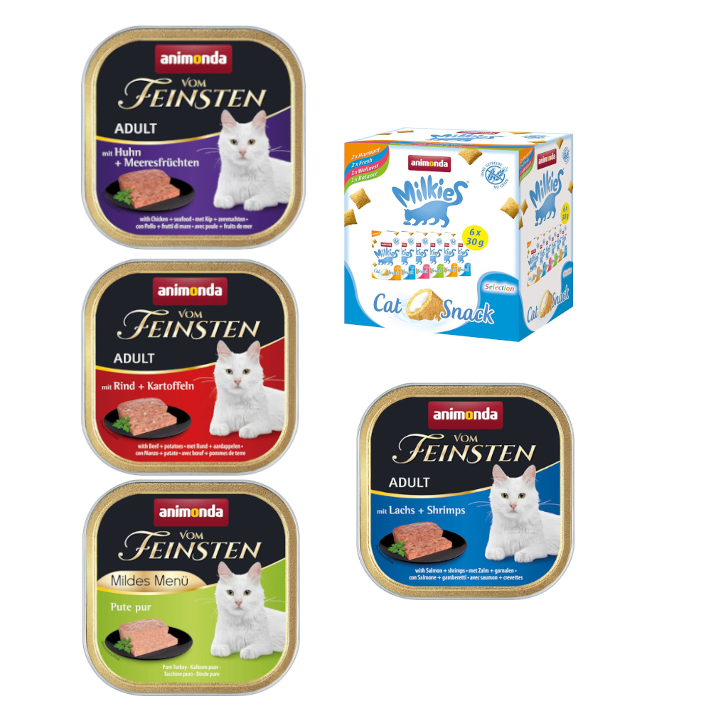 32 x 100 g Mixpaket animonda Vom Feinsten + 6 x 30 g Mixed Pack Milkies Knuspertaschen - Fisch & Fleisch Vielfalt (4 Sorten) von Animonda Vom Feinsten