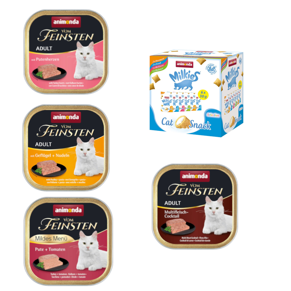 32 x 100 g Mixpaket animonda Vom Feinsten + 6 x 30 g Mixed Pack Milkies Knuspertaschen - Fleisch Vielfalt mit Geflügel (4 Sorten) von Animonda Vom Feinsten