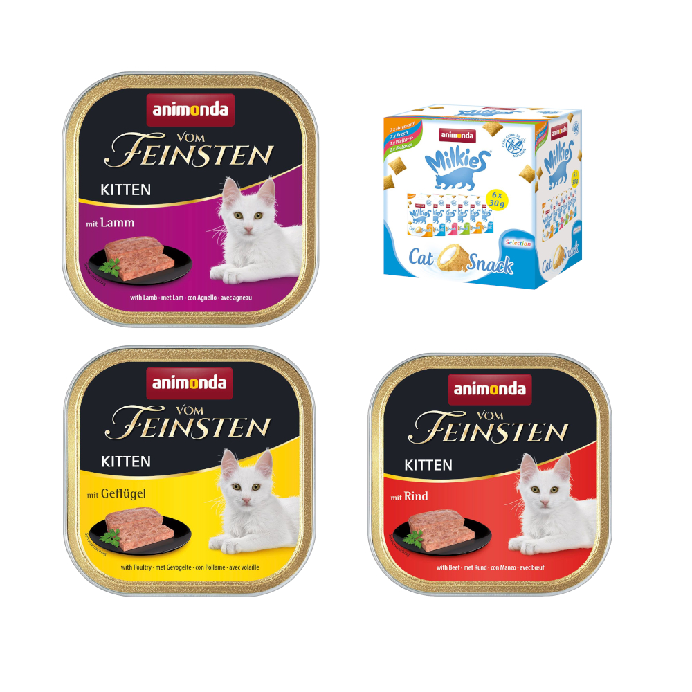 32 x 100 g Mixpaket animonda Vom Feinsten + 6 x 30 g Mixed Pack Milkies Knuspertaschen - Kitten (3 Sorten) von Animonda Vom Feinsten