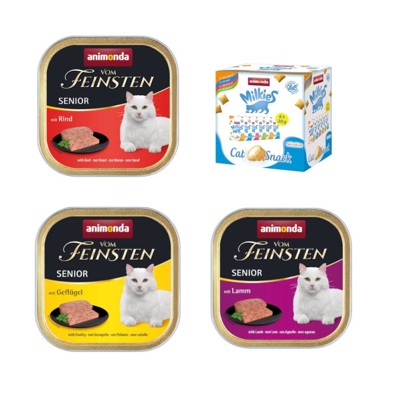 32 x 100 g Mixpaket animonda Vom Feinsten + 6 x 30 g Mixed Pack Milkies Knuspertaschen - Senior (3 Sorten) von Animonda Vom Feinsten