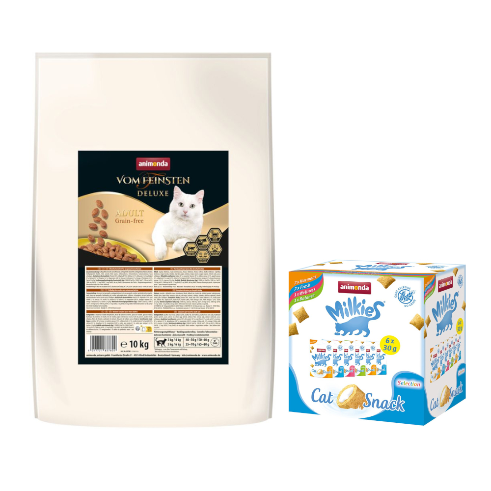 animonda Trockenfutter für Katzen + 6 x 30 g Katzensnack Milkies Knuspertaschen - 10 kg vom Feinsten Deluxe Adult Grain-free von Animonda Vom Feinsten