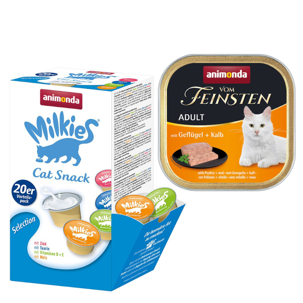 animonda Kombi-Paket: 12 x 100 g Vom Feinsten + 20 x 15 g Milkies Selection - Adult Geflügel & Kalb + Milkies Snack (4 Sorten) von Animonda