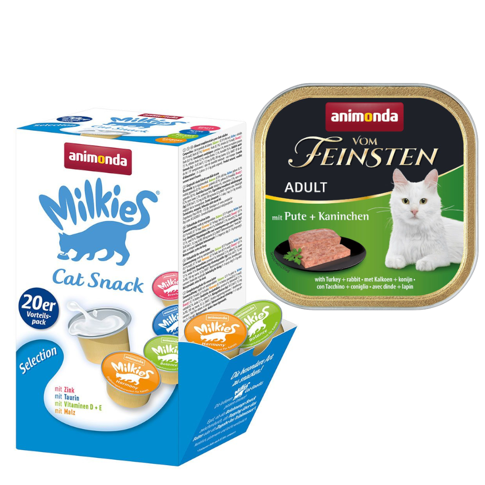 animonda Kombi-Paket: 12 x 100 g Vom Feinsten + 20 x 15 g Milkies Selection - Adult Pute & Kaninchen + Milkies Snack (4 Sorten) von Animonda