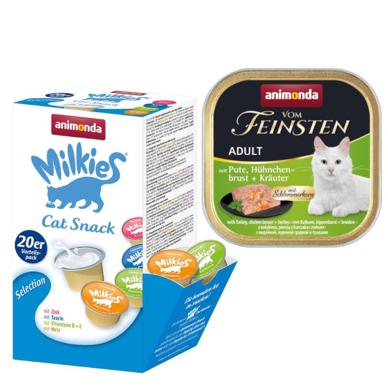 animonda Kombi-Paket: 12 x 100 g Vom Feinsten + 20 x 15 g Milkies Selection - Adult mit Schlemmerkern: Pute, Hühnchenbrust & Kräuter + Milkies Snack (4 Sorten) von Animonda