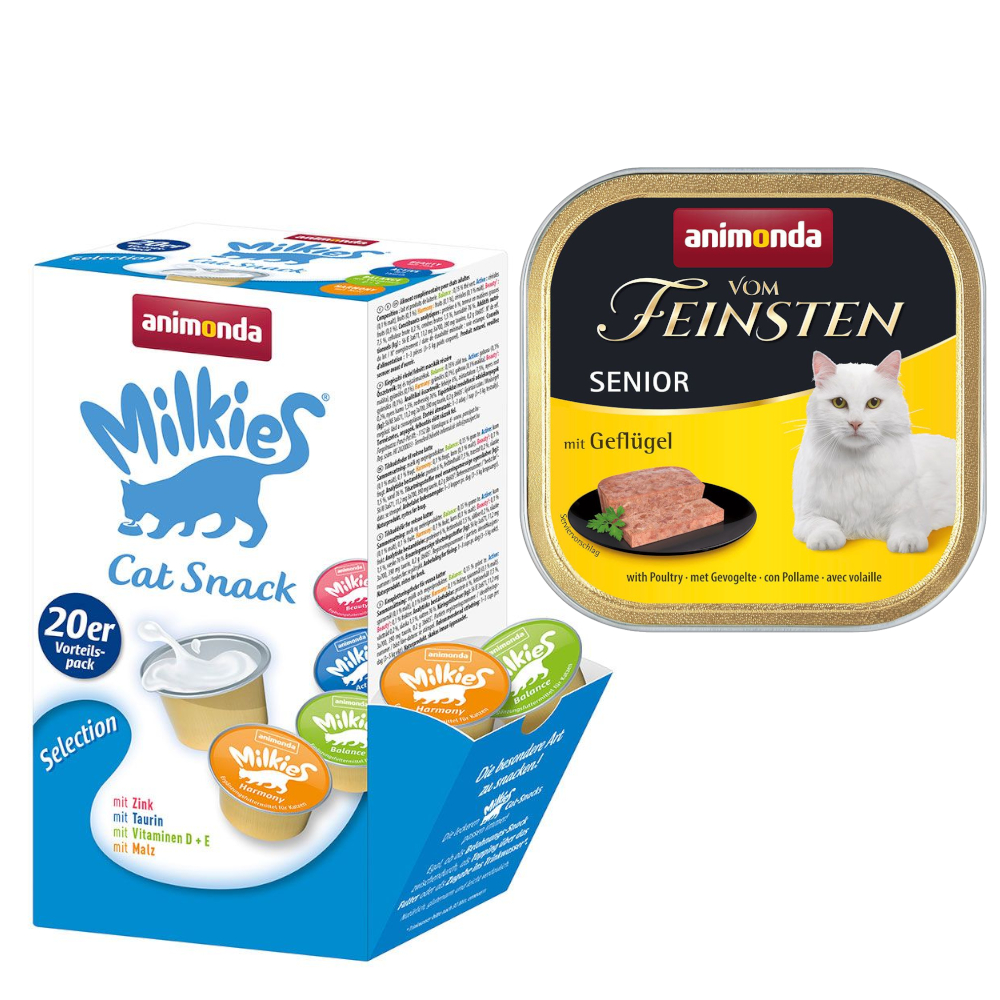 animonda Kombi-Paket: 12 x 100 g Vom Feinsten + 20 x 15 g Milkies Selection - Senior Geflügel + Milkies Snack (4 Sorten) von Animonda