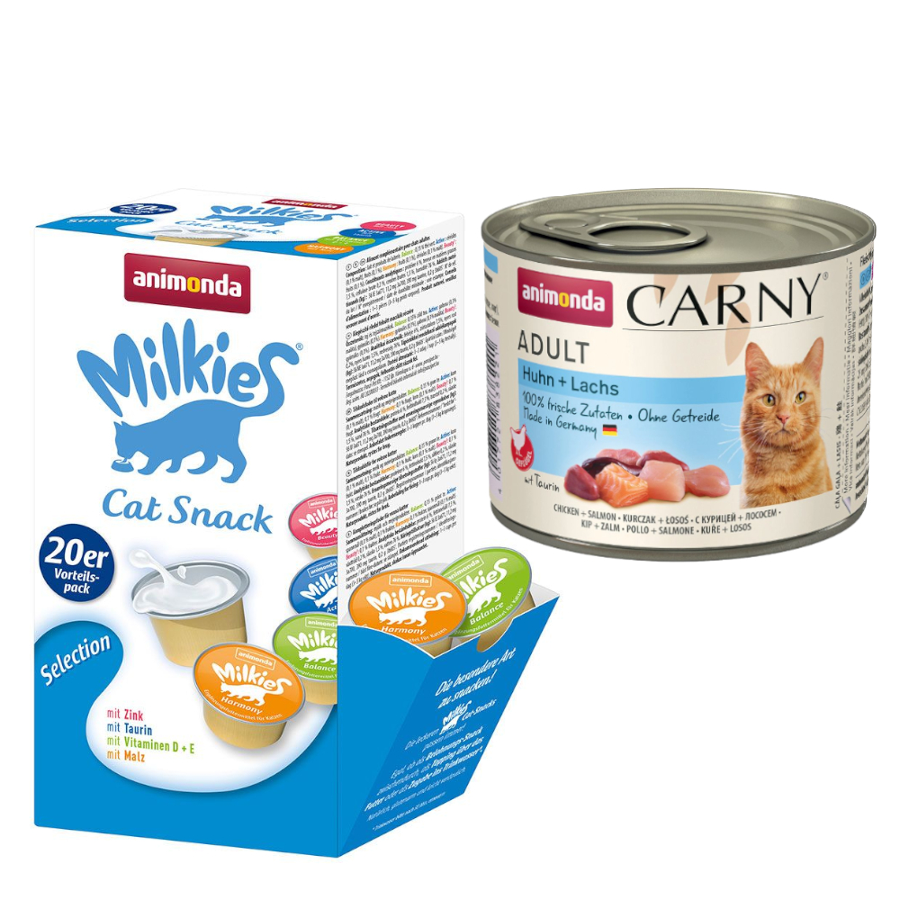 animonda Kombi-Paket: 12 x 200 g Carny Adult + 20 x 15 g Milkies Selection - Huhn & Lachs + Milkies Snack (4 Sorten) von Animonda