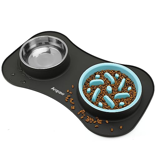 Anipaw Slow Feeder Hundenäpfe 3 in 1 Edelstahl Hundefutter und Wassernäpfe mit auslaufsicherer rutschfester Silikonmatte zum Verlangsamen des Fressens für große, mittelgroße und kleine Rassen Größe von Anipaw