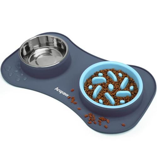 Anipaw Slow Feeder Hundenäpfe 3-in-1 Edelstahl Hundefutter und Wassernäpfe mit auslaufsicherer und rutschfester Silikonmatte zum Verlangsamen des Fressens für große, mittelgroße und kleine Rassen von Anipaw