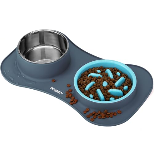 Anipaw Slow Feeder Hundenäpfe 3-in-1 aus Edelstahl, Futter- und Wassernäpfe mit auslaufsicherer und rutschfester Silikonmatte zum Verlangsamen des Fressens für große, mittelgroße und kleine Rassen von Anipaw