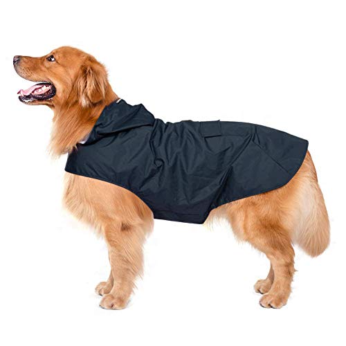 Anjing Hunde-Regenmantel mit Kapuze Kragen Loch Sichere Reflektierende Streifen 100% Wasserdicht Regenjacke Blau von Anjing