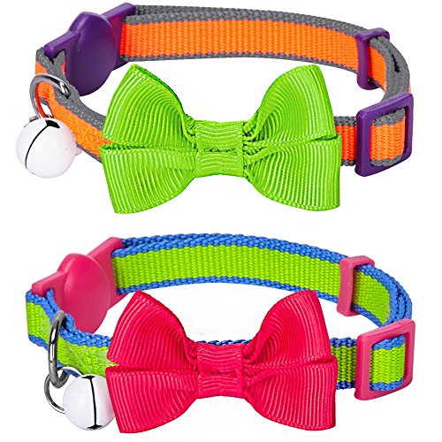 Anjing Katzenhalsband, klassisch, robust, verstellbar, mit Glöckchen und Fliege, Fluoreszierendes Orange und Grün, 2 Stück von Anjing