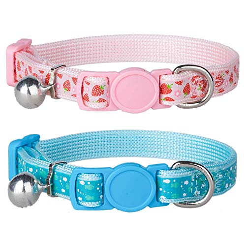 Anjing Sicherheits-Halsband für Katzen, mit Schnellverschluss-Schnalle und abnehmbarem Glöckchen, bunt, Gemustert, Nylon, Halsband, Rosa/Blau, 2 Stück von Anjing