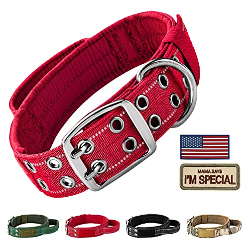 Annchwool Taktisches Hundehalsband für mittelgroße und große Hunde, verstellbares militärisches Hundehalsband mit weich gepolstertem Griff, robustes Doppelschnallen-Design (rot, L) von Annchwool