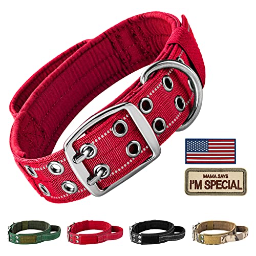 Annchwool Taktisches Hundehalsband für mittelgroße und große Hunde, verstellbares militärisches Hundehalsband mit weich gepolstertem Griff, robustes Doppelschnallen-Design (rot, XL) von Annchwool