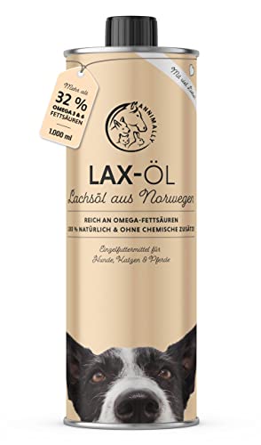 Annimally Lachsöl für Hunde 1 Liter reich an Omega 3 & 6 Fettsäuren (mehr als 32%) - Barf Fischöl für Hund, Katze und Pferd geeignet I Reines Naturprodukt kaltgepresst aus Deutschland von Annimally